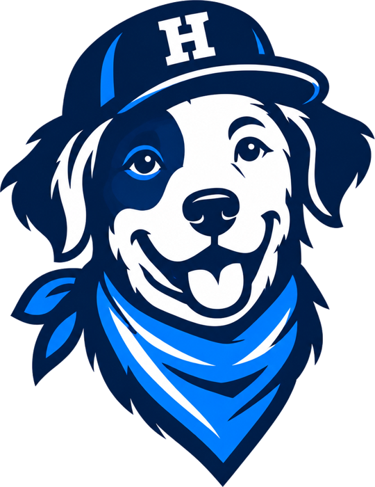 Hopkins Help dog mascot in a navy H cap and blue bandana